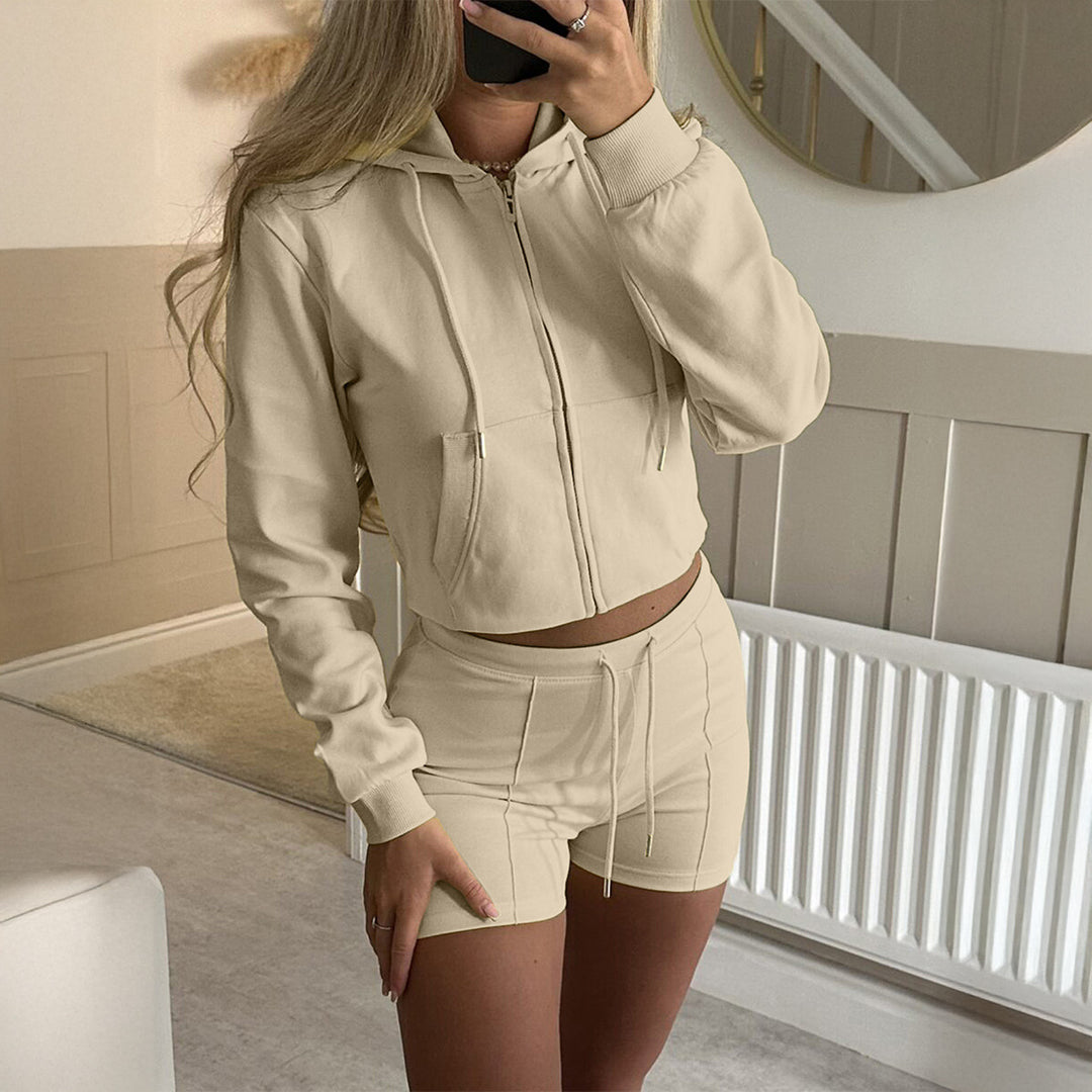 Damen nan lässiges Sweatshirt- und Short-Set mit dekorativen Schleifen-Applikationen, hohem Rundhalsausschnitt und Tunnelzugbund EB