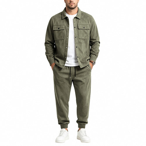 Herren nan Velours-Lounge-Set mit Overshirt, aufgesetzten Brusttaschen und tapered Jogginghose EB