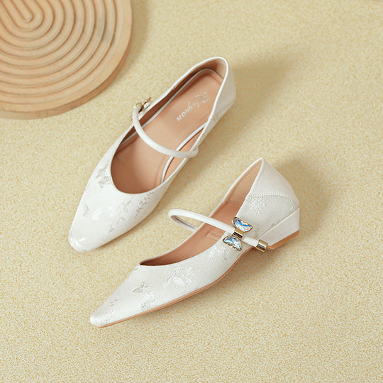 Damen elegante spitze Ballerinas mit verziertem Riemen und Glitzerakzenten EB