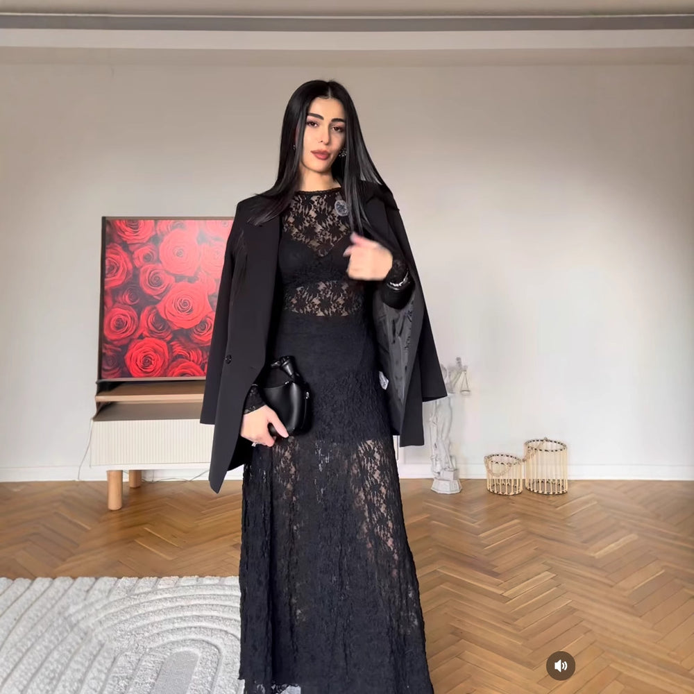Damen Langarm Spitzenkleid EB
