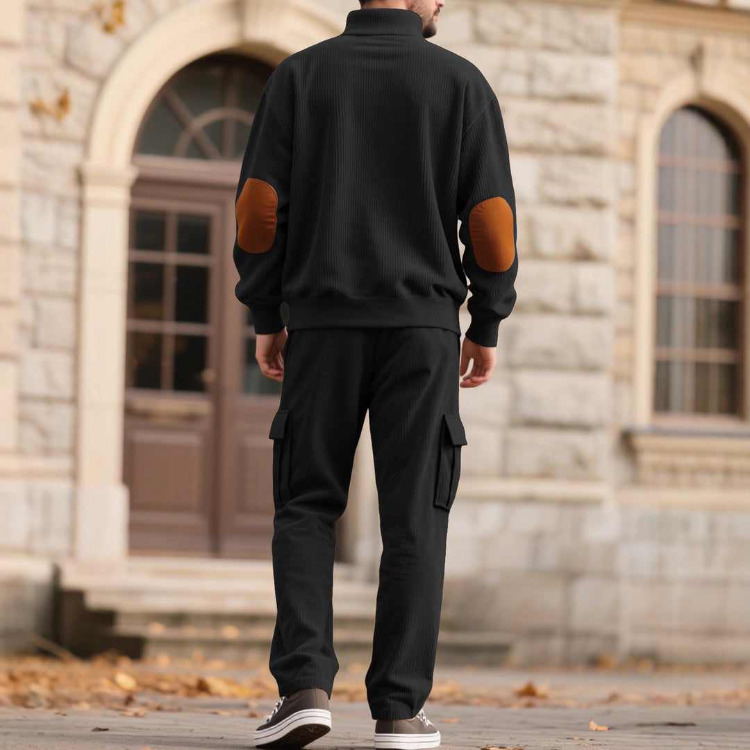 Herren nan strukturierter Troyer-Pullover mit Stehkragen Druckknopfleiste und Velours-Ellenbogenpatch EB