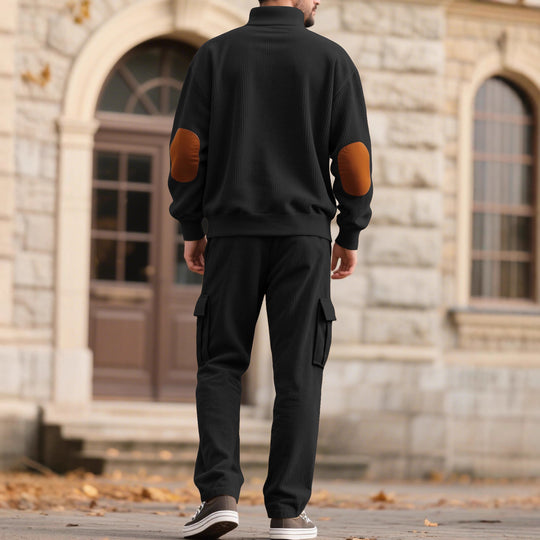 Herren nan strukturierter Troyer-Pullover mit Stehkragen Druckknopfleiste und Velours-Ellenbogenpatch EB
