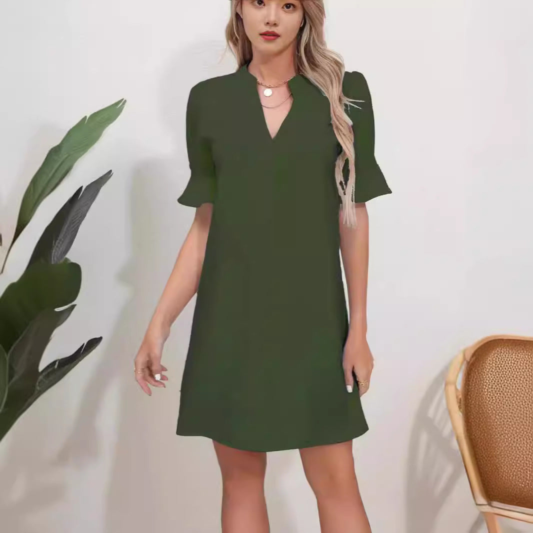 Damen Elegantes Kurzarm-Kleid mit V-Ausschnitt und Schößchen EB
