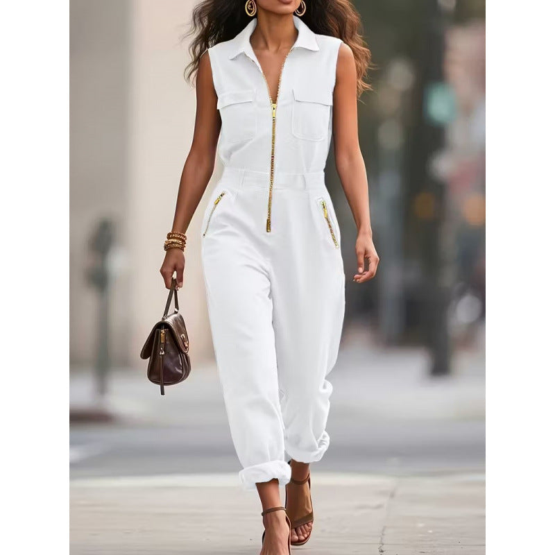Damen Jumpsuit mit modischem Kragen und Reißverschlüssen EB