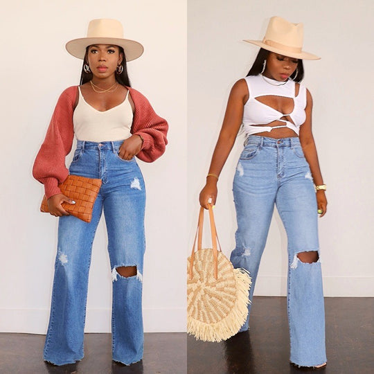 Damen Hochtaillierte Bootcut Jeans mit angesagtem Destroyed-Effekt EB