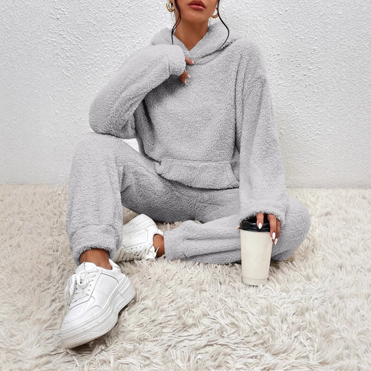 Damen Fleece-Loungewear-Set mit Kapuze und Taschen EB