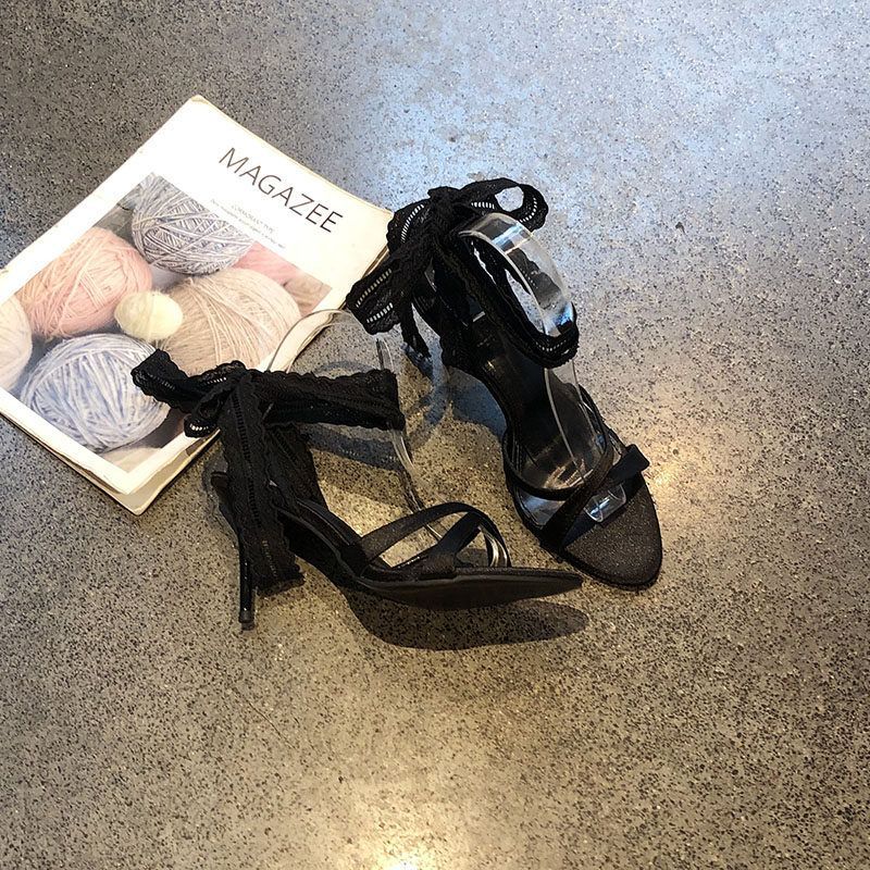 Damen transparente High Heel Sandalen mit Spitzen- und Rüschendetails EB