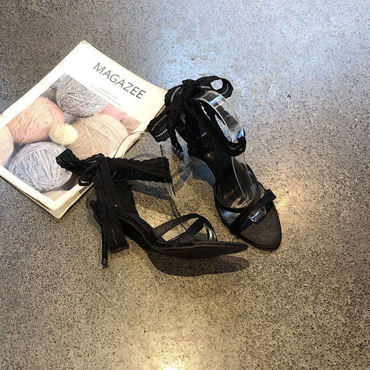 Damen transparente High Heel Sandalen mit Spitzen- und Rüschendetails EB