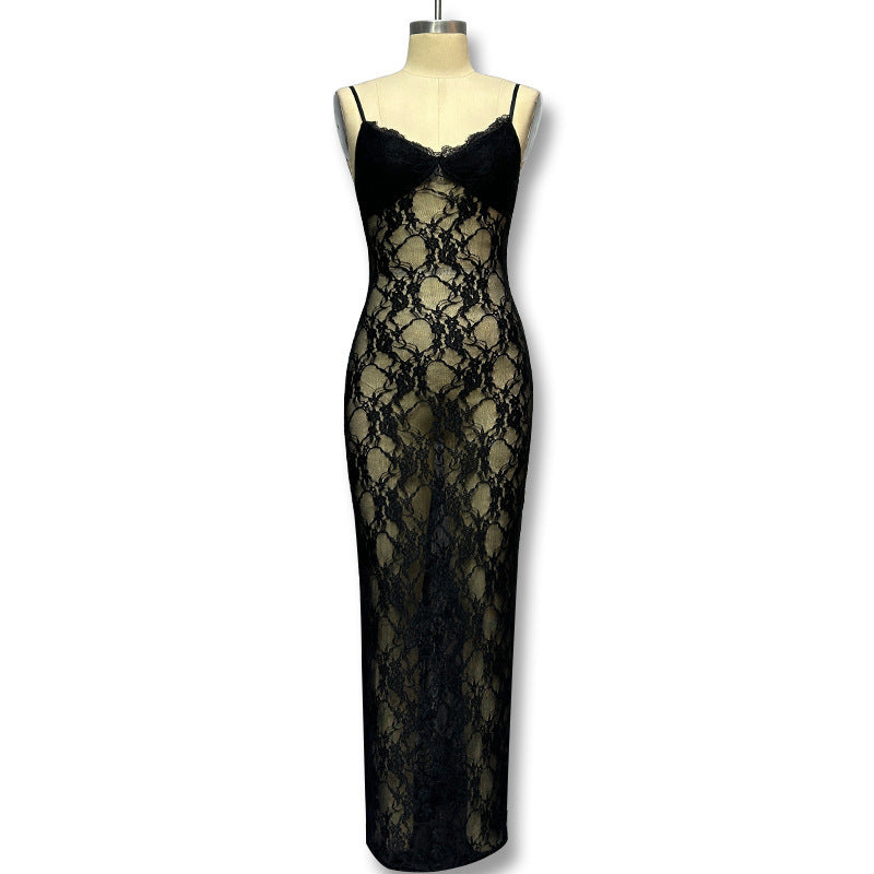 Damen Spitzen-Maxikleid mit verführerischem Transparenzeffekt EB