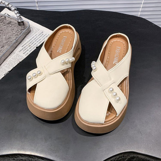 Damen Modische Plateau-Sandalen mit Perlenschmuck EB