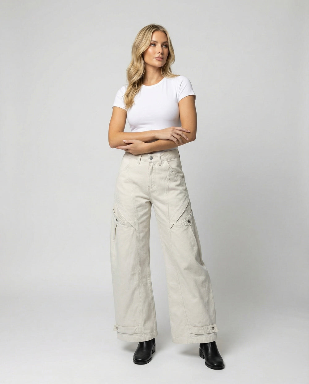 Damen Utility-Palazzohose mit hoher Bundpassform aufgesetzten Klappentaschen und verstellbarem Saum EB
