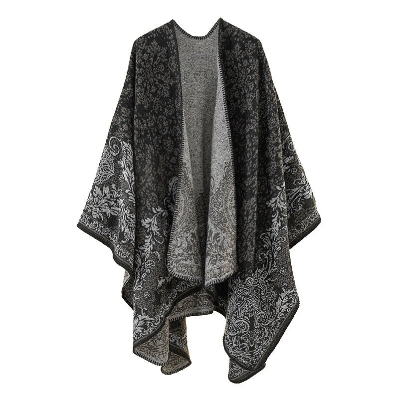 Damen Jacquard-Poncho mit orientalischem Muster und offener Vorderseite EB