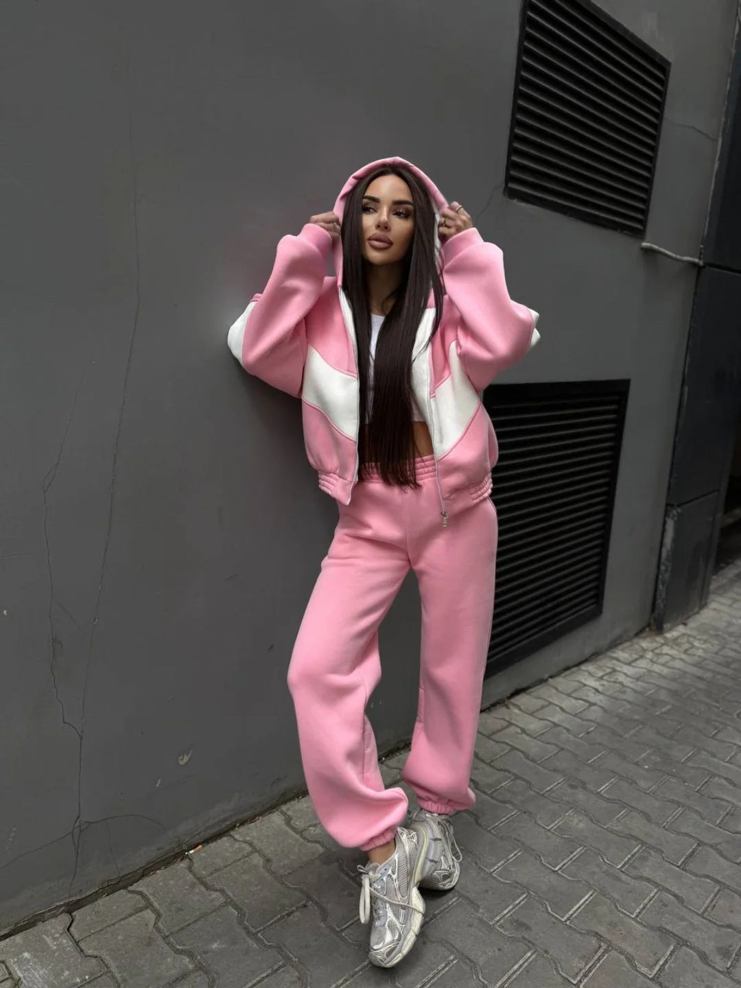 Damen Athleisure-Zweiteiler aus schwerem Neopren-Fleece mit geometrischen Teilungsnähten und hoher Taille EB