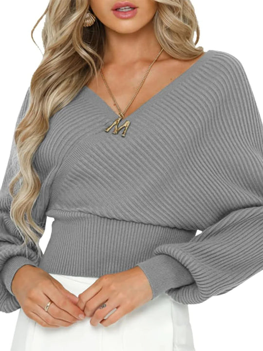 Damen lässiger V-Ausschnitt Pulli mit breiten Ärmeln und Rippstruktur EB