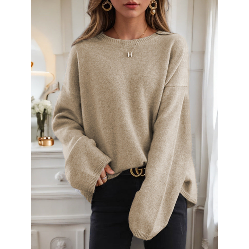 Damen nan lässiger Oversize-Strickpullover mit Rundhalsausschnitt und überschnittener Schulterpartie EB