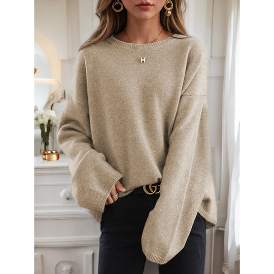 Damen nan lässiger Oversize-Strickpullover mit Rundhalsausschnitt und überschnittener Schulterpartie EB