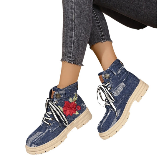 Damen Modische Schnürstiefeletten mit floralem Stickmuster und rutschfester Sohle EB
