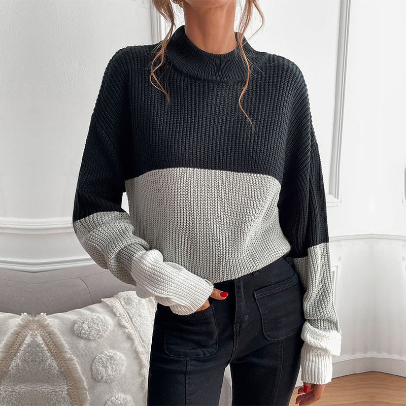 Damen modischer Strickpullover mit kontrastierenden Farbstreifen EB