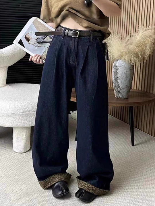 Damen weit geschnittene High-Waist Jeans mit eleganter Saumgestaltung EB