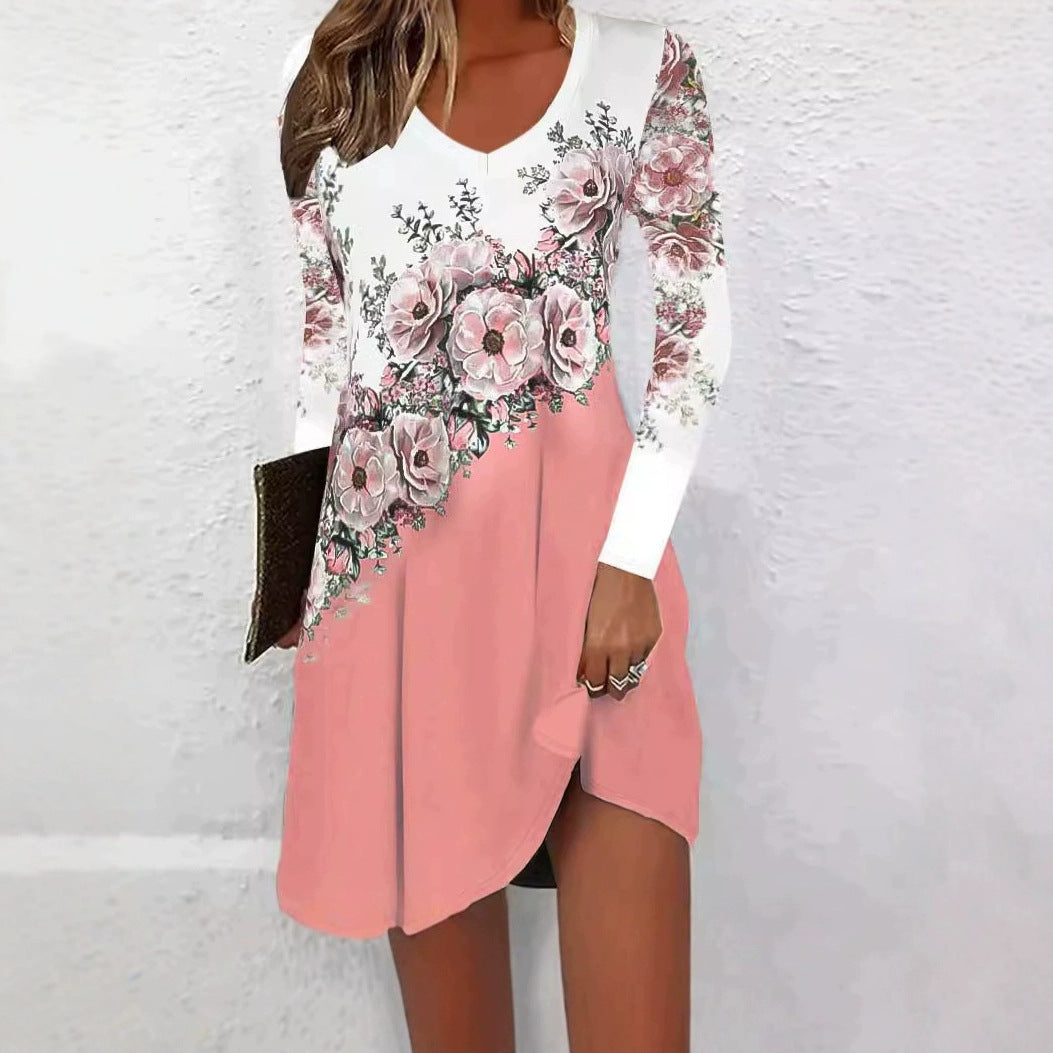 Damen elegantes Wickelkleid mit floralem Design und schickem V-Ausschnitt EB