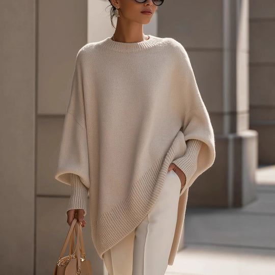 Damen nan Oversize Strickponcho mit asymmetrischem Saum und gerippten Ärmeln EB