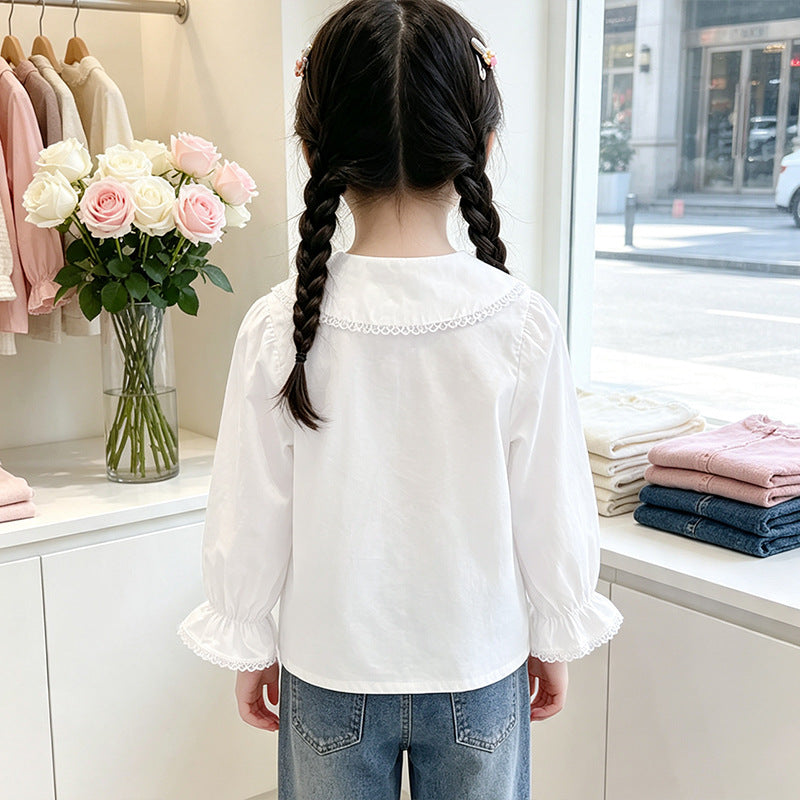 Mädchen Bluse mit eleganter Spitzenverzierung und Rüschendetails EB