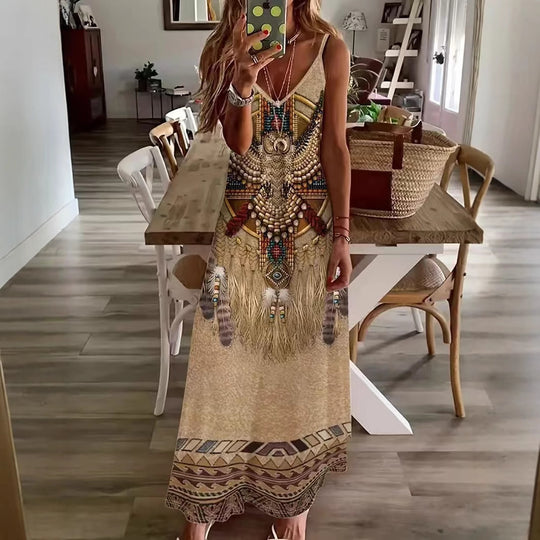Damen Maxikleid mit künstlerischem tribal Design und fließendem Schnitt EB