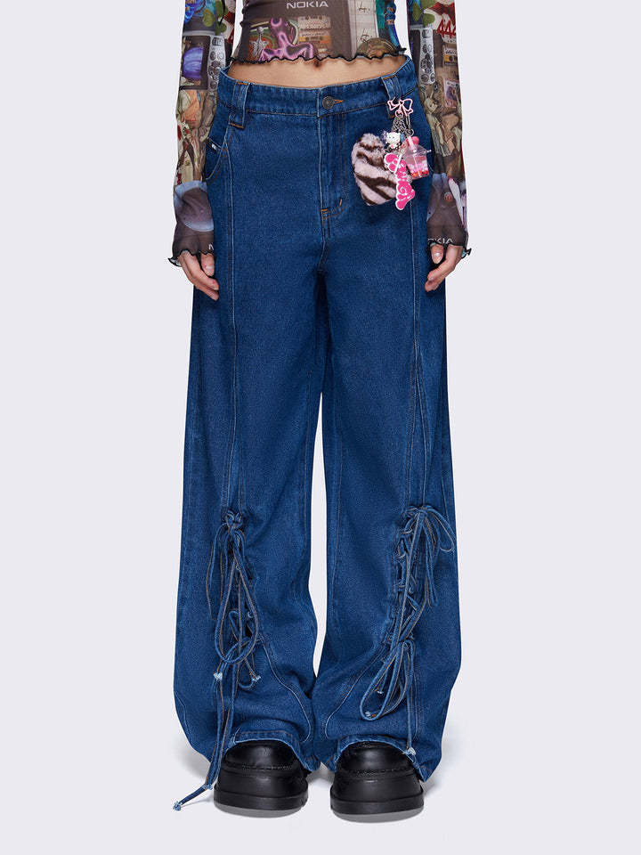 Damen Weit geschnittene Denim-Hose mit verstellbaren Kordeln EB