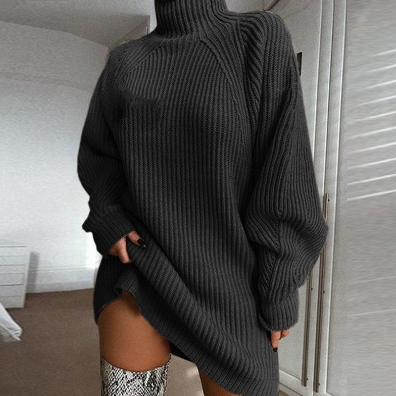 Damen Grobstrickpullover mit hohem Kragen und asymmetrischem Saum EB