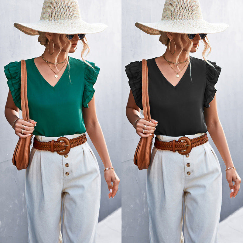 Damen Bluse mit voluminösen Rüschensäumen und V-Ausschnitt EB