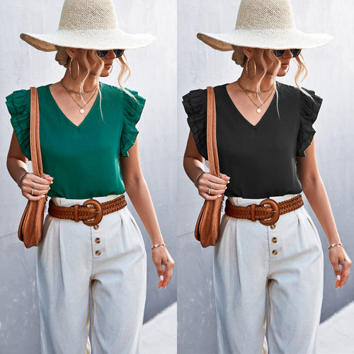 Damen Bluse mit voluminösen Rüschensäumen und V-Ausschnitt EB