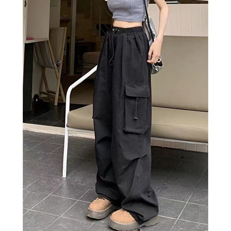 Damen nan Cargo-Hose mit hoher Taille, Elastikbund, großen Klappentaschen und Kordelzug EB