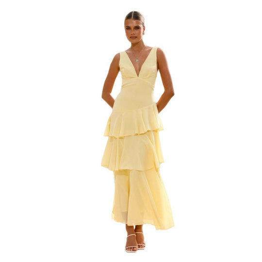 Damen Elegantes Maxikleid mit Volants und tiefem V-Ausschnitt EB