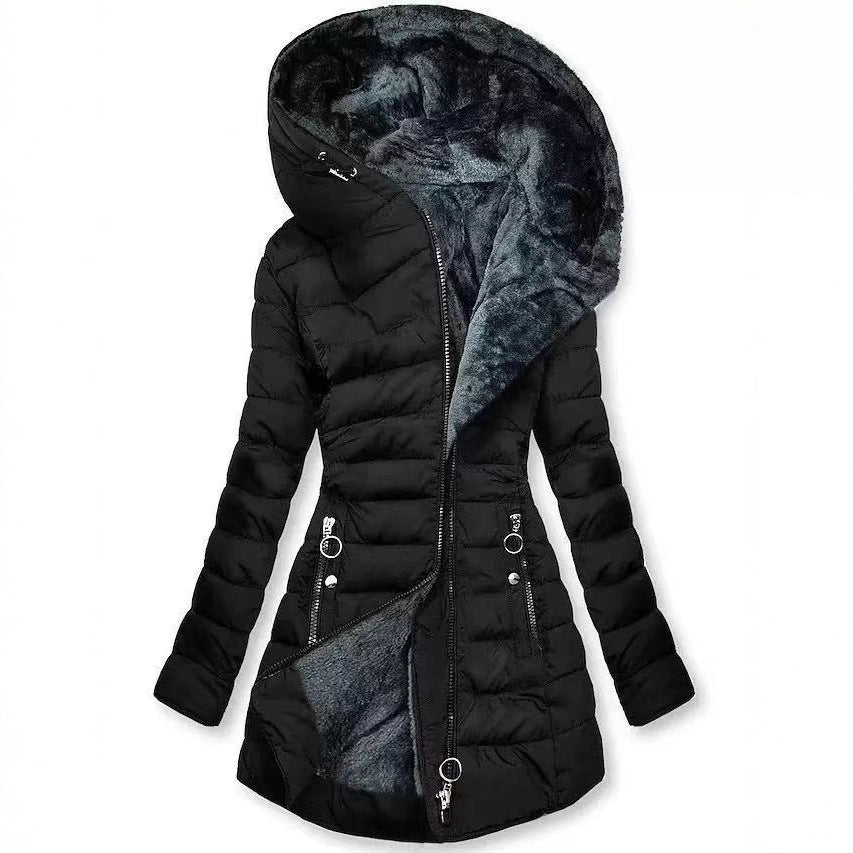 Damen Taillierter Steppmantel mit Oversize-Kapuze, kuscheligem Teddyfutter und Zierringen am Reißverschluss EB