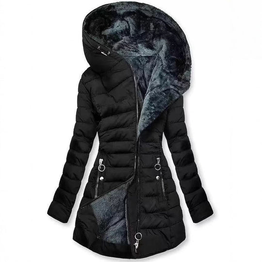 Damen Taillierter Steppmantel mit Oversize-Kapuze, kuscheligem Teddyfutter und Zierringen am Reißverschluss EB