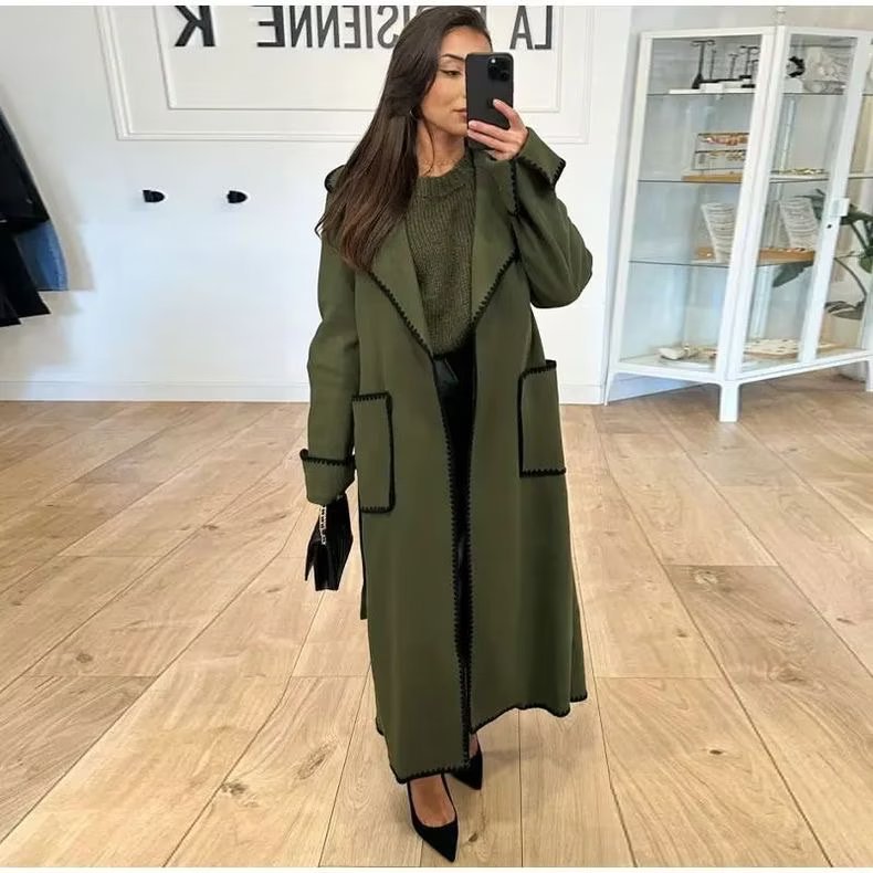 Damen elegante Übergangsjacke mit dekorativem Gürtel und hochwertigen Taschen EB