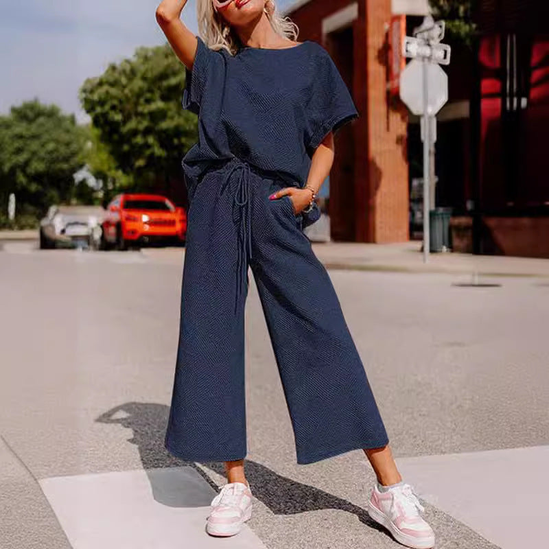 Damen lässiges Jumpsuit-Set aus weichem Material mit elastischem Bund und weit geschnittenen Beinen EB