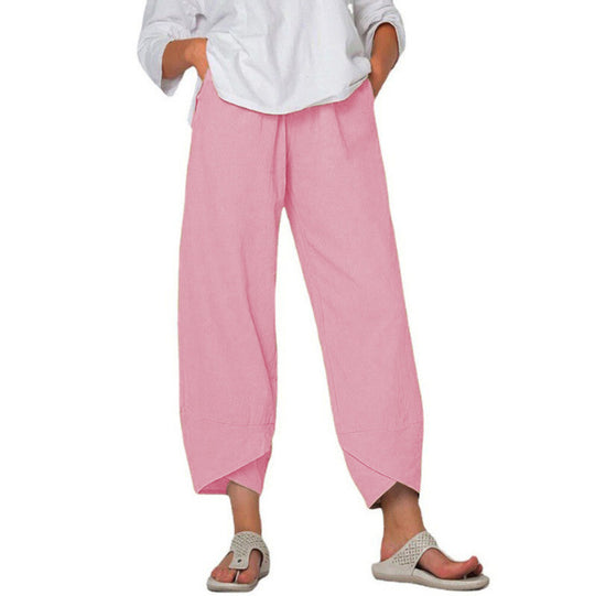 Damen nan lockere Leinenhose mit hohem Bund, Tulpen-Saum und seitlichen Eingrifftaschen EB
