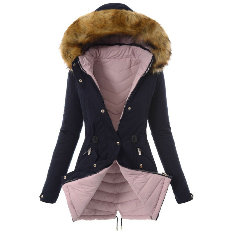 Damen modische Winterjacke mit abnehmbarem Kunstfellkragen EB