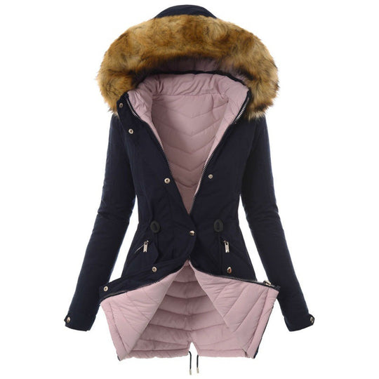 Damen modische Winterjacke mit abnehmbarem Kunstfellkragen EB