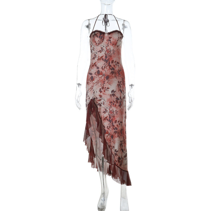 Damen asymmetrisches Floral-Maxikleid mit zartem Rüschensaum und verführerischem Schnitt EB