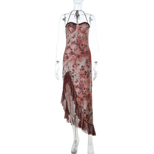 Damen asymmetrisches Floral-Maxikleid mit zartem Rüschensaum und verführerischem Schnitt EB
