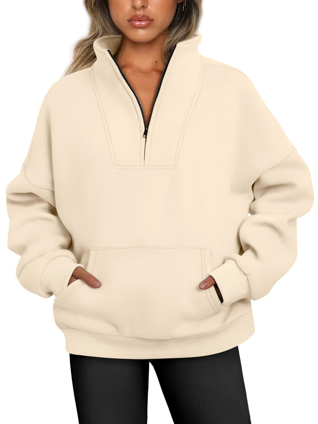 Damen nan oversized Halbzip-Hoodie mit hohem Stehkragen, Kängurutasche und gerippten Bündchen EB
