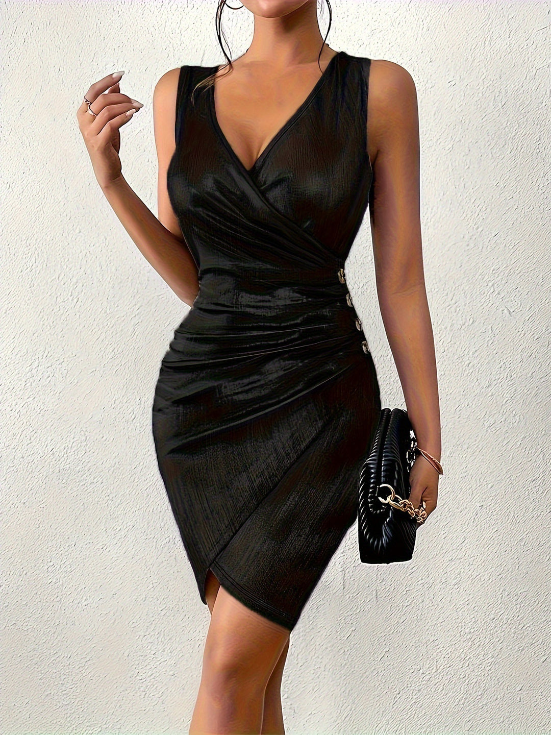 Damen figurbetontes Wickelkleid mit glänzendem Stoff und elegantem Raffung EB