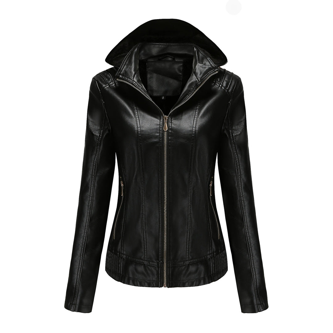 Damen nan taillierte Kunstlederjacke mit Kapuze, wattiertem Innenfutter und verdeckten Reißverschlusstaschen EB