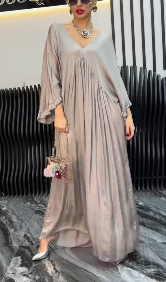 Damen Maxi-Kleid mit weit geschnittenem Design und elegantem V-Ausschnitt EB