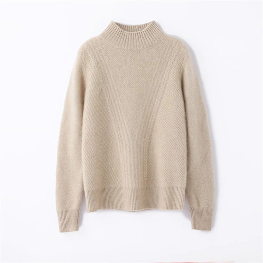 Damen Strickpullover mit hohem Kragen und Zopfmuster EB