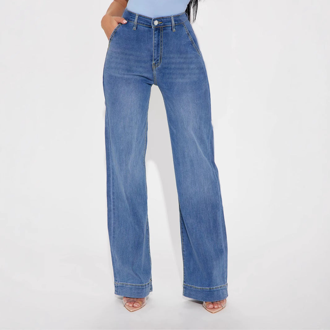 Damen Weite Denim-Hose mit hoch geschnittenem Bund und lässigem Schnitt EB