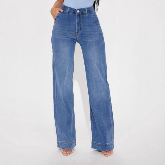 Damen Weite Denim-Hose mit hoch geschnittenem Bund und lässigem Schnitt EB