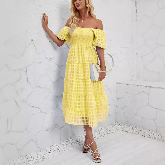 Damen Midikleid mit Off-Shoulder-Design und luftigen Puffärmeln EB